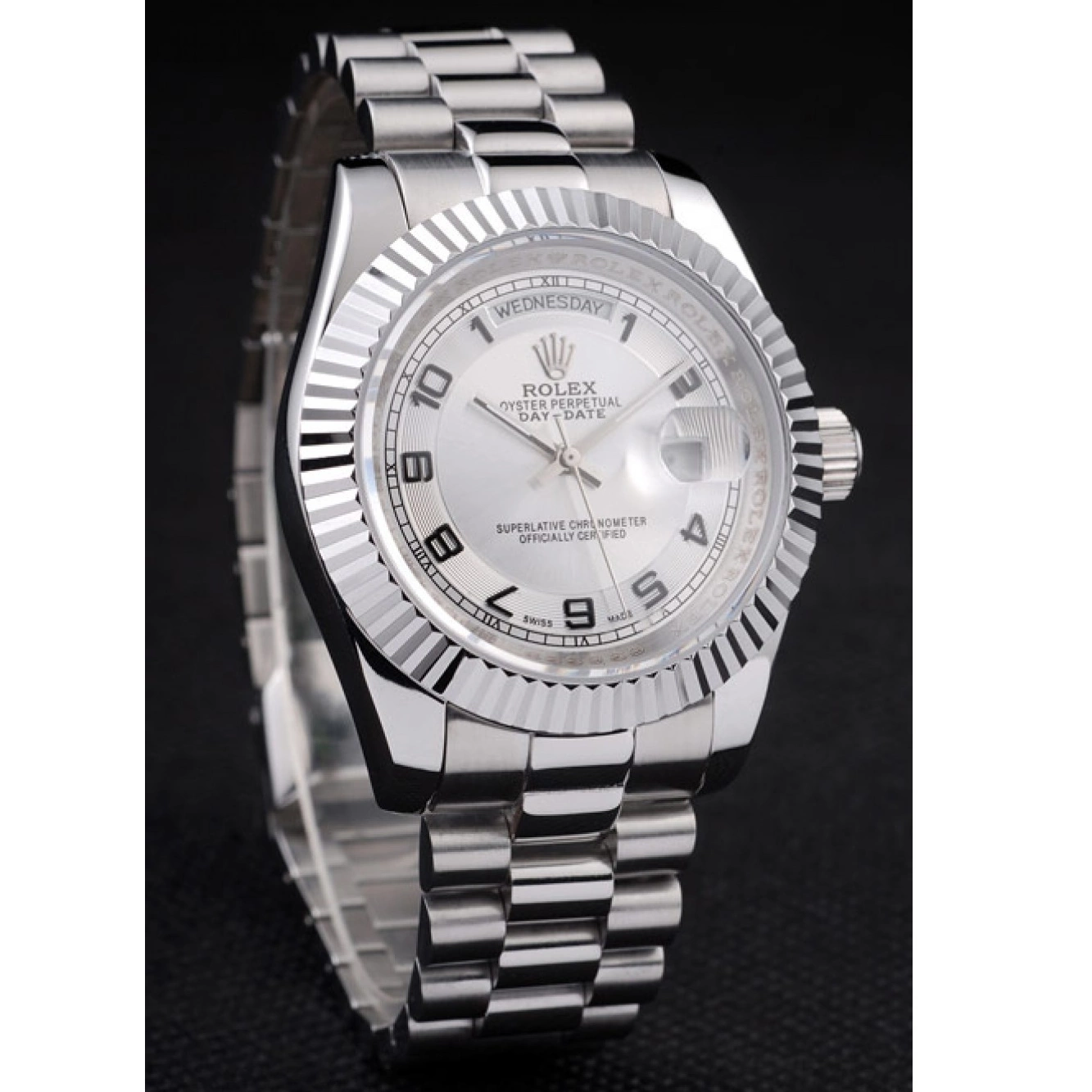 Good Copy Rolex Watches White Stainless Dial Rolex Polished Steel Day-Date 0801